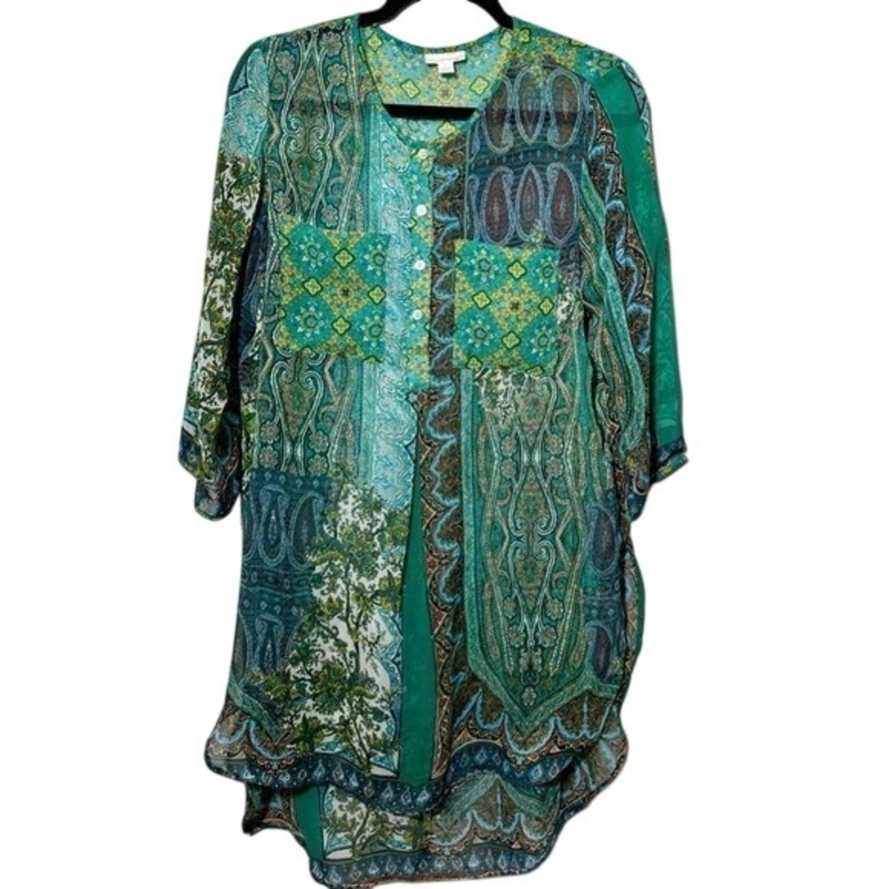 EUC WESTPORT Women's Green Large Sheer Tunic Boho Flowy Cottagecore Patchwork